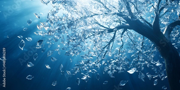 Fototapeta Frozen Tree Covered in Glittering Snow Under a Crystal Clear Blue Sky – Tranquil Winter Scene Perfect for Seasonal Themes and Peaceful Nature Backgrounds