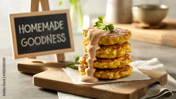 Obraz Golden brown corn fritters with creamy dipping sauce