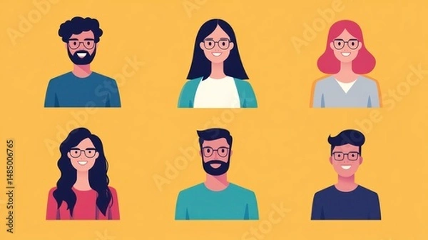 Obraz Diverse team of people in cartoon flat design avatars with eyeglasses.