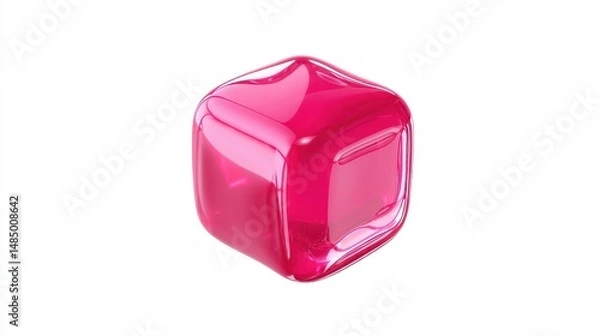 Fototapeta Bright pink jelly cube with a glossy surface on a white background.