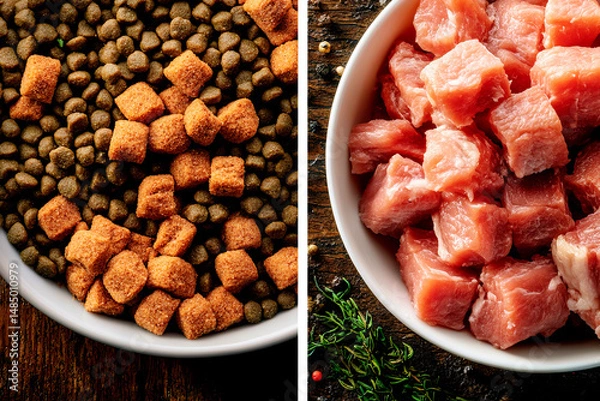 Fototapeta Comparison of pet food and raw meat in white bowls on a wooden table. The left bowl contains dry food and soft treats, while the right bowl contains fresh, diced raw meat.