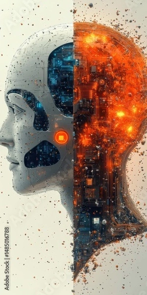 Fototapeta Artificial Intelligence Head Constructed from Circuitry and Metallic Components