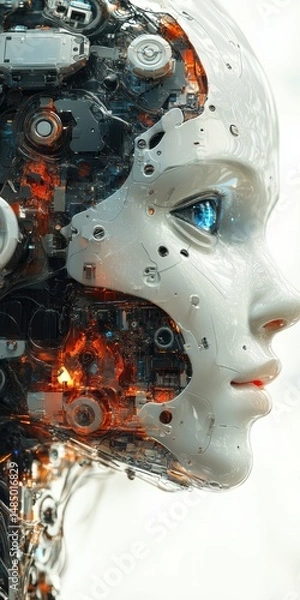 Fototapeta Bionic Woman Profile with Mechanical Parts and Synthetic Skin Showing Futuristic Technologies
