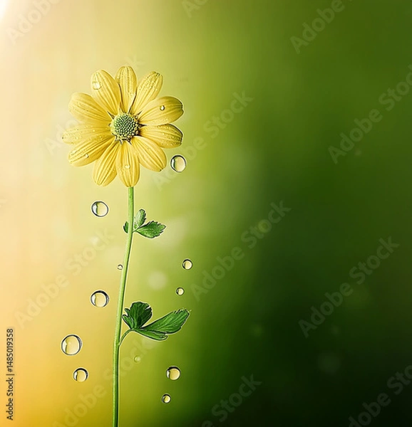 Fototapeta Yellow flower gerbera with water drops  isolated on green background with empty space for text message.