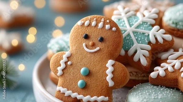 Obraz Snowflake cookie and gingerbread man with light blue icing. Christmas sweets.