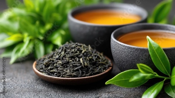 Obraz Tea leaves and aromatic brewed tea on the background.