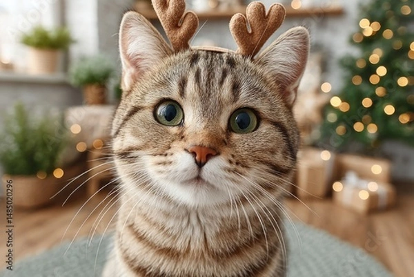 Obraz A cat in a Christmas hat against the background of an interior decorated for Christmas.