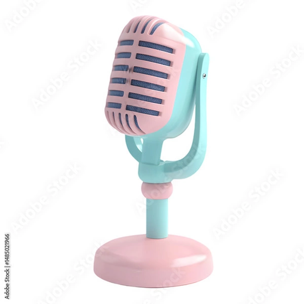 Fototapeta Pastel pink and light teal vintage microphone, digital illustration, isolated against a colorful background.