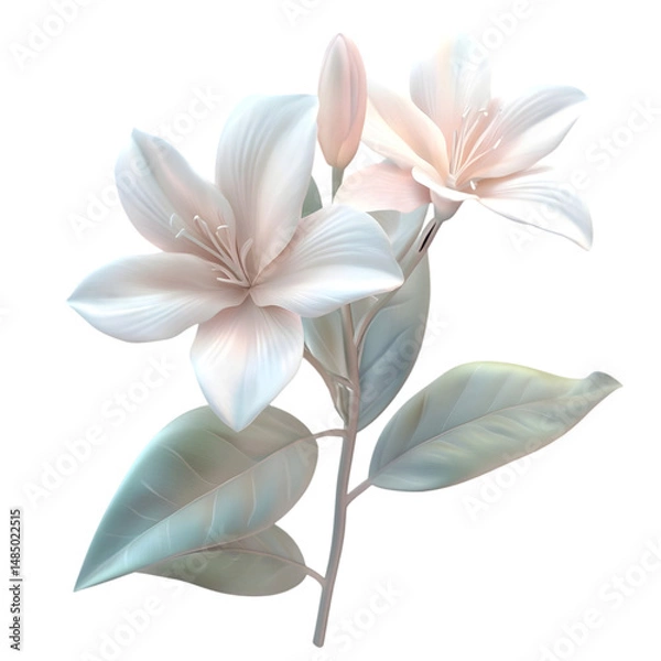 Fototapeta Close-up artistic illustration of two light pink lilies with delicate leaves and a pastel color scheme, set against a colorful geometric background.