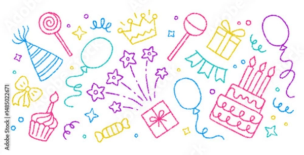 Fototapeta Doodle crayon birthday party icons. Cute hand drawn sketch of cake with candles, balloons, princess crown, firecracker and gift box. Colored crayon pencil icons of happy birthday, vector illustration