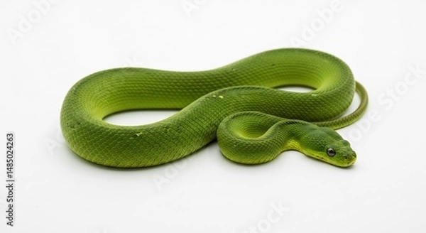 Fototapeta 鮮やか緑色 ヘビ 優雅に輝く 白い背景. AI Generated