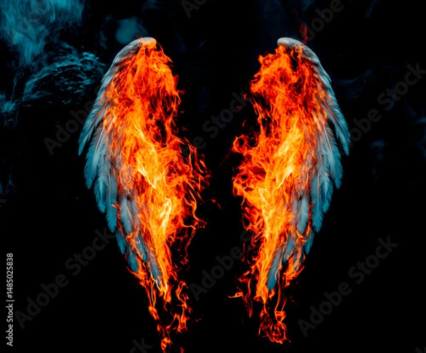 Fototapeta White angel wings engulfed in flames against a dark smoky background, symbolizing destruction, transformation, and fallen grace.