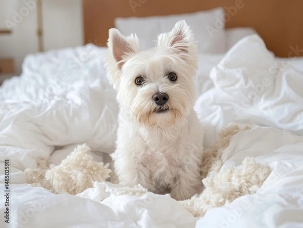 Fototapeta A West Highland White Terrier is laying on a bed with white sheets