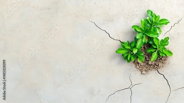 Fototapeta A resilient green plant growing through a crack in a dry surface, symbolizing hope and perseverance.
