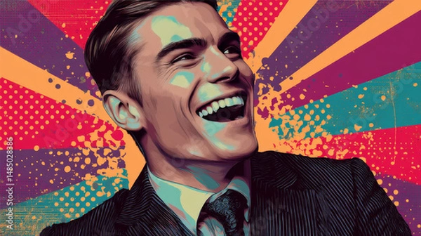 Fototapeta Man forced to smile, pop art retro vector illustration. False emotions