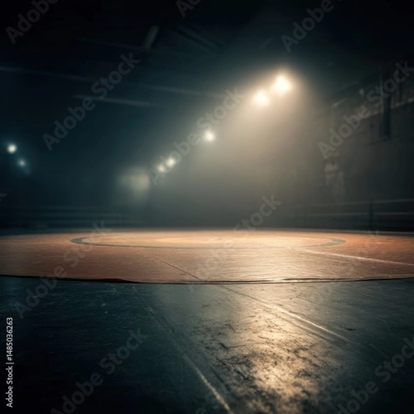 Fototapeta Dramatic low angle view of wrestling mat in dark gym under bright lights showing texture and detail for sports background