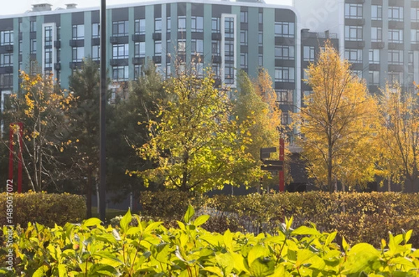 Fototapeta Autumn park path, cloudy sky and leaves