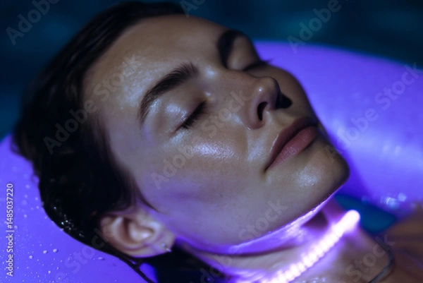 Fototapeta Generative AI image of person relaxing in water under neon lights during night pool party vacation with friends chilling and enjoying summer vibes