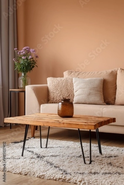 Fototapeta Interior of living room with wooden coffee table and beige sofa in a cozy home setting, eye level view, indoor