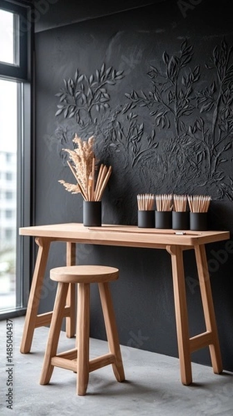 Fototapeta Dark Textured Wall with Mural Sketch Flatlay