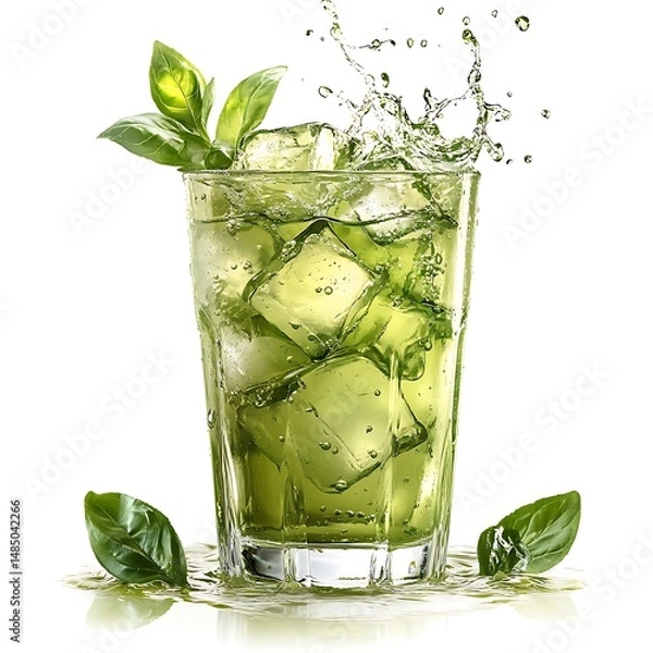 Fototapeta Refreshing Basil Iced Tea: A tall glass of iced tea, filled with ice cubes and garnished with fresh basil leaves, creates a refreshing summer drink. The splash of liquid adds to its visual appeal.