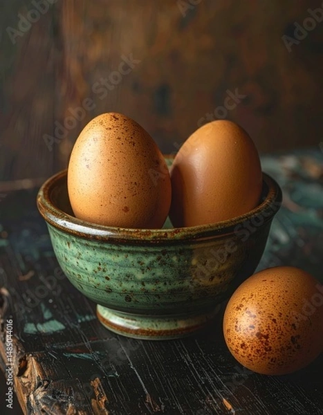 Fototapeta There are three brown eggs placed in a green bowl on a wooden table