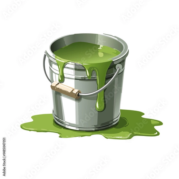 Obraz Bucket with green paint, paint running out, isolated on transparent background, cut out Vector graphic design