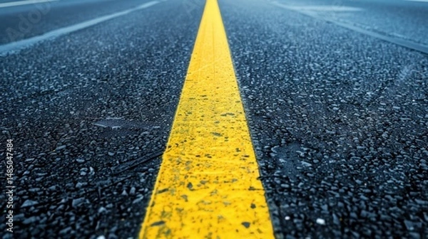 Fototapeta Asphalt road, yellow line, vanishing point, textured surface, travel background, design element