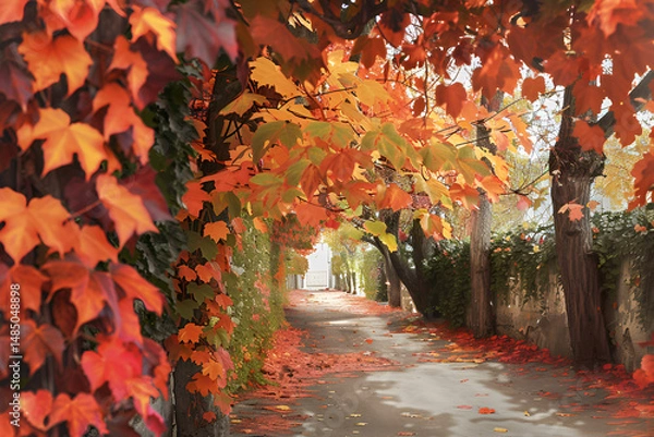 Obraz Ivy vines wrapping around autumn tree in park with golden leaves natural fall outdoor scenery landscape