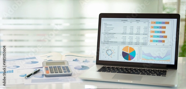 Fototapeta Financial graph showing a comparative analysis of business growth .with annual financial statement report and calculator on desk with copy space.