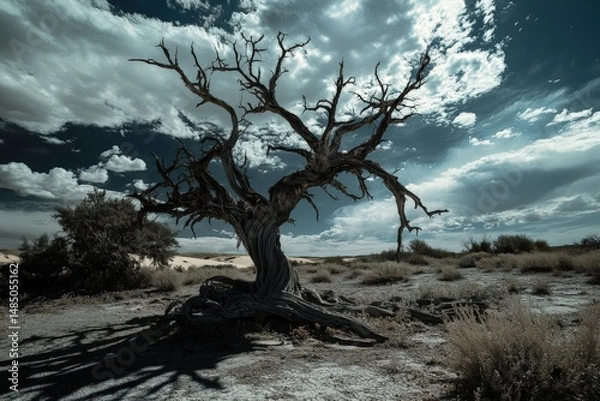 Obraz A desolate landscape featuring a barren tree under a dramatic cloudy sky view