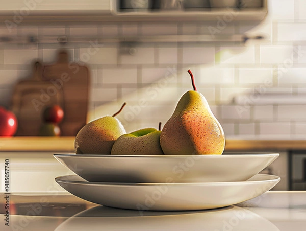Obraz Modern kitchen counter decorated with bowls and fresh pears in natural light
