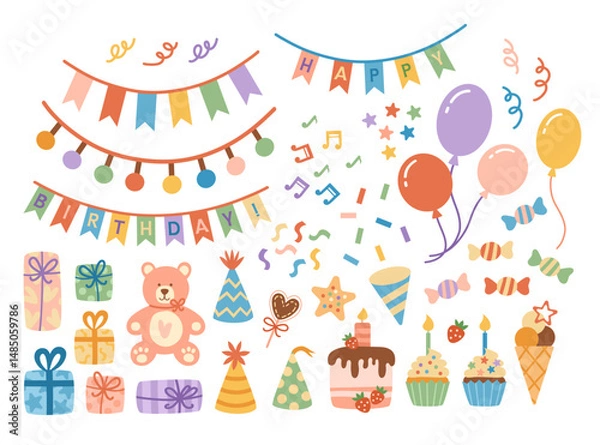 Obraz Colorful cute birthday party set of elements isolated. Concept of celebration fun. Hand-drawn vector illustration in flat style.