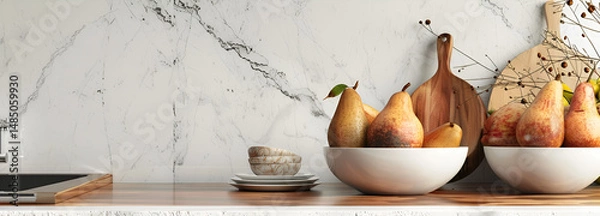 Obraz Fruit bowls with ripe pears on neat kitchen counter with stylish decor