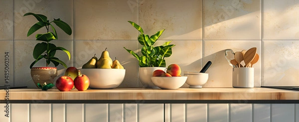 Obraz Minimalist kitchen with arranged pears and decorative bowls for fresh interior design