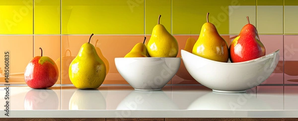 Obraz Kitchen counter with neatly arranged pears and bowls in soft lighting