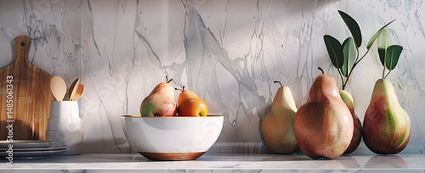 Obraz Fresh pears in elegant bowls on clean kitchen counter for modern home design