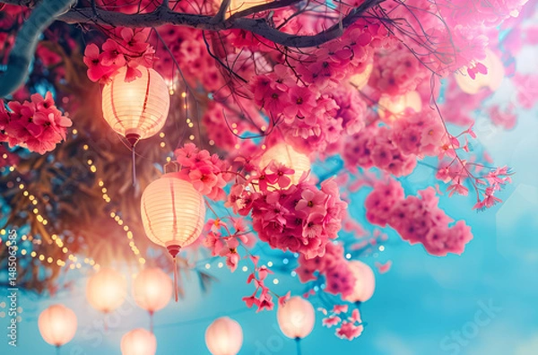 Obraz Decorative lanterns hanging from flowering tree during outdoor evening garden event
