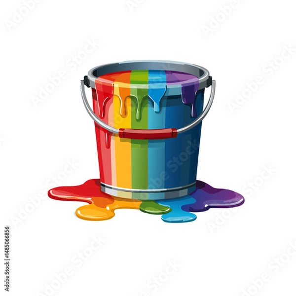 Obraz Bucket with rainbow color paint, paint running out, isolated on transparent background, cut out Vector graphic design