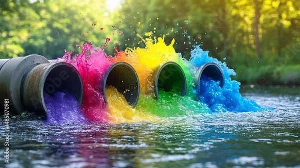 Fototapeta Vibrant colored water flows from pipes into a serene river, creating a striking contrast against the natural landscape.
