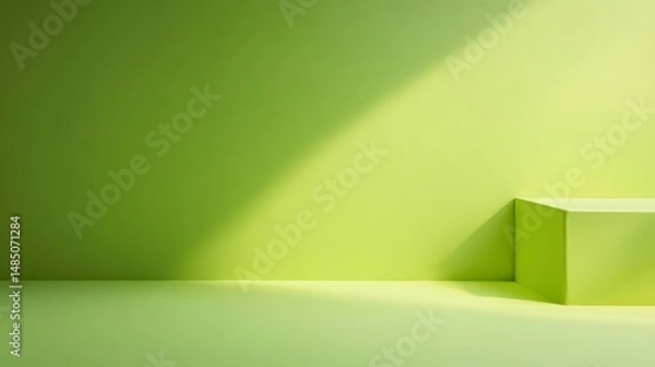 Fototapeta Minimalist green room with a single cube platform in sunlight.