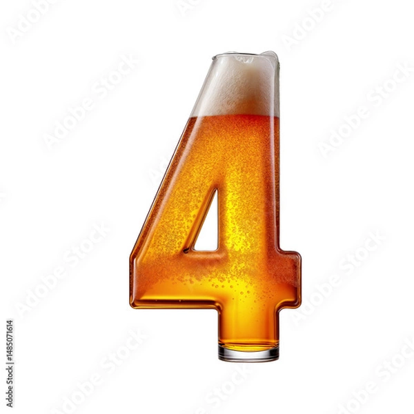 Fototapeta Number 4 shaped like a glass of refreshing lager beer with foam, isolated on transparent background. Fresh pilsner beer in a glass with frothy head.