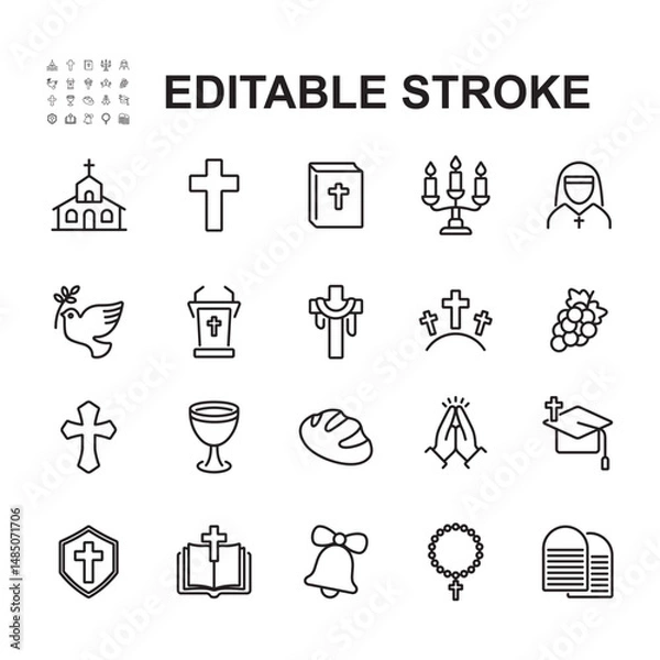 Fototapeta Christianity related icons. Thin line style vectors. Contains icons such as church, cross, bible and many more.
