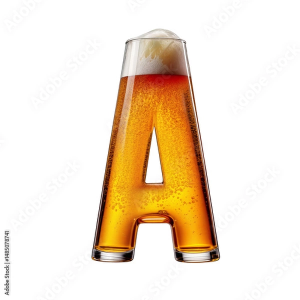 Fototapeta Letter A shaped like a glass of refreshing lager beer with foam, isolated on transparent background. Fresh pilsner beer in a glass with frothy head.
