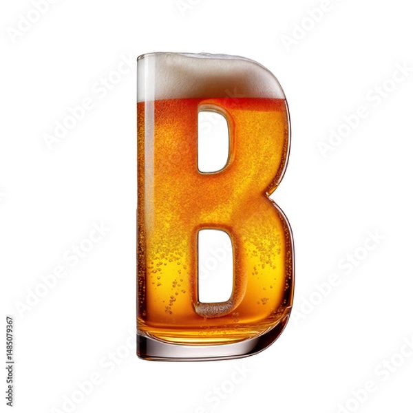 Fototapeta Letter B shaped like a glass of refreshing lager beer with foam, isolated on transparent background. Fresh pilsner beer in a glass with frothy head.