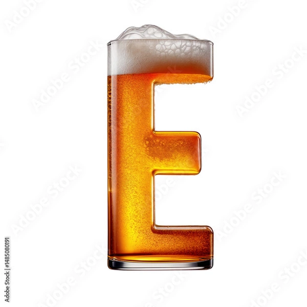 Fototapeta Letter E shaped like a glass of refreshing lager beer with foam, isolated on transparent background. Fresh pilsner beer in a glass with frothy head.