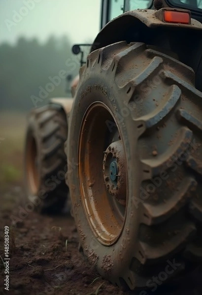 Fototapeta Heavy-Duty Tyre and Engine Power Farming Equipment on the Agricultural Frontline