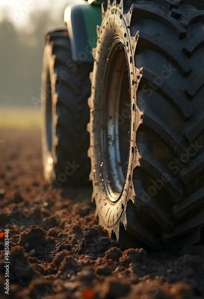 Fototapeta Heavy-Duty Tyre and Engine Power Farming Equipment on the Agricultural Frontline