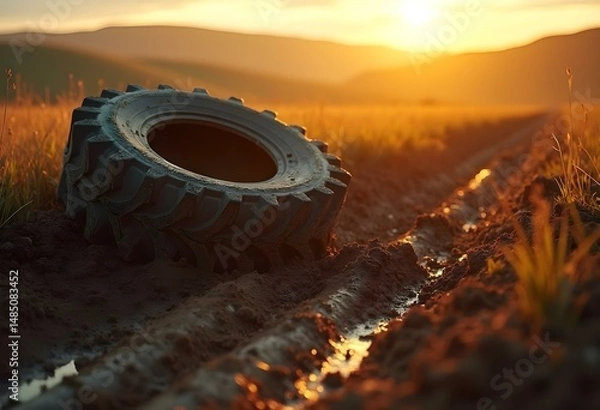Fototapeta Muddy Tractor Tire in Rural Field Agricultural Machinery and Farming Transport