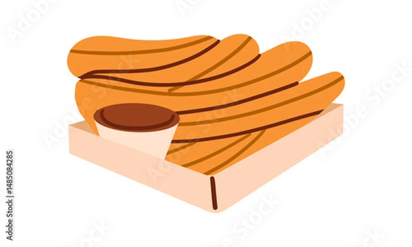 Fototapeta Churros icon. Illustration of traditional Spanish and Mexican sweet dessert and chocolate dip isolated on a white background. Vector 10 EPS. Hand drawn doodle illustration.